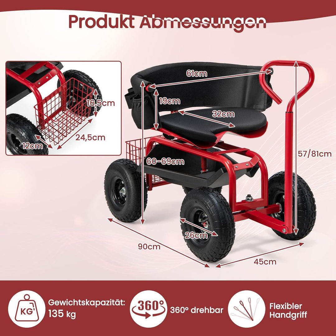 GOPLUS Rollsitz, Mobiler Gartensitz mit Griff, Höhenverstellbarer drehbarer Arbeitssitz mit Rückenle