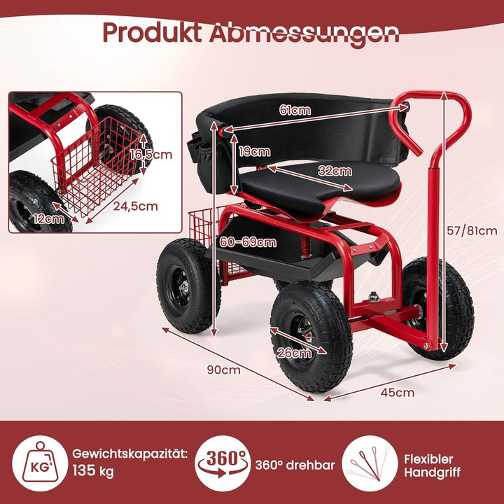 GOPLUS Rollsitz, Mobiler Gartensitz mit Griff, Höhenverstellbarer drehbarer Arbeitssitz mit Rückenle