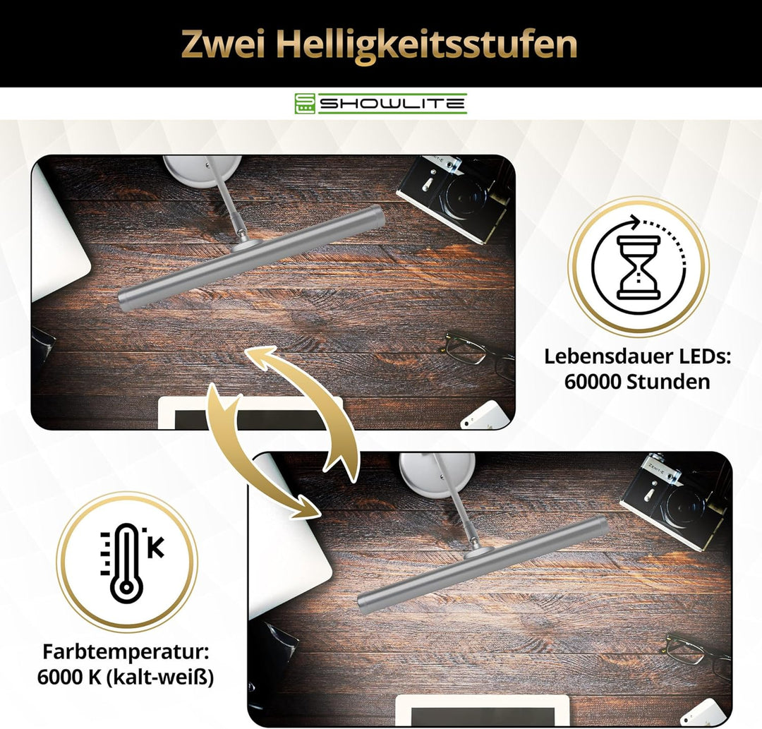 Showlite PL-1SL LED Klavierleuchte silber matt (Klavierlampe, 15 LEDs, 2 Stufen, 36 cm Höhe, Betrieb