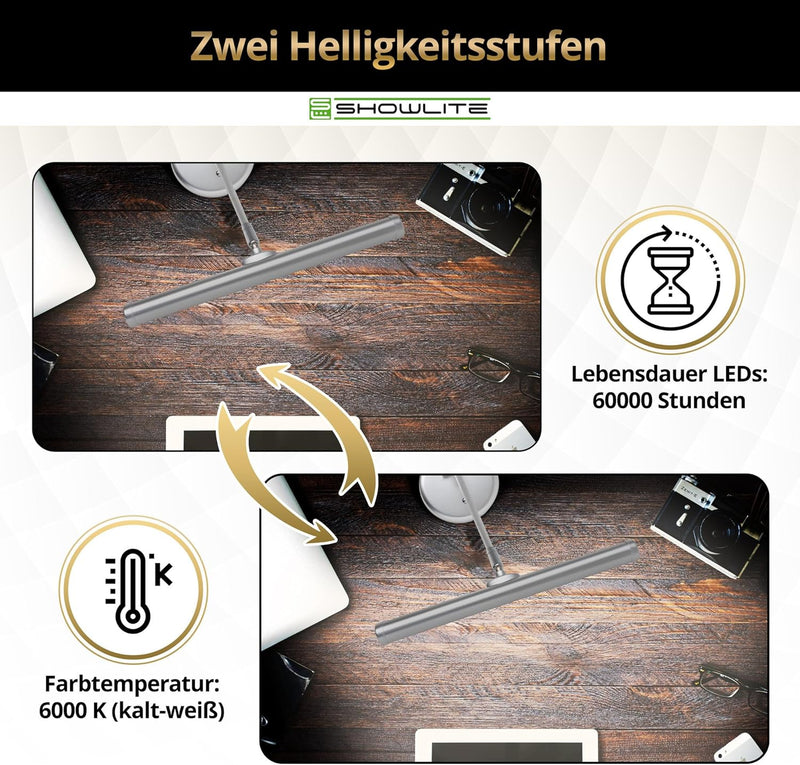Showlite PL-1SL LED Klavierleuchte silber matt (Klavierlampe, 15 LEDs, 2 Stufen, 36 cm Höhe, Betrieb