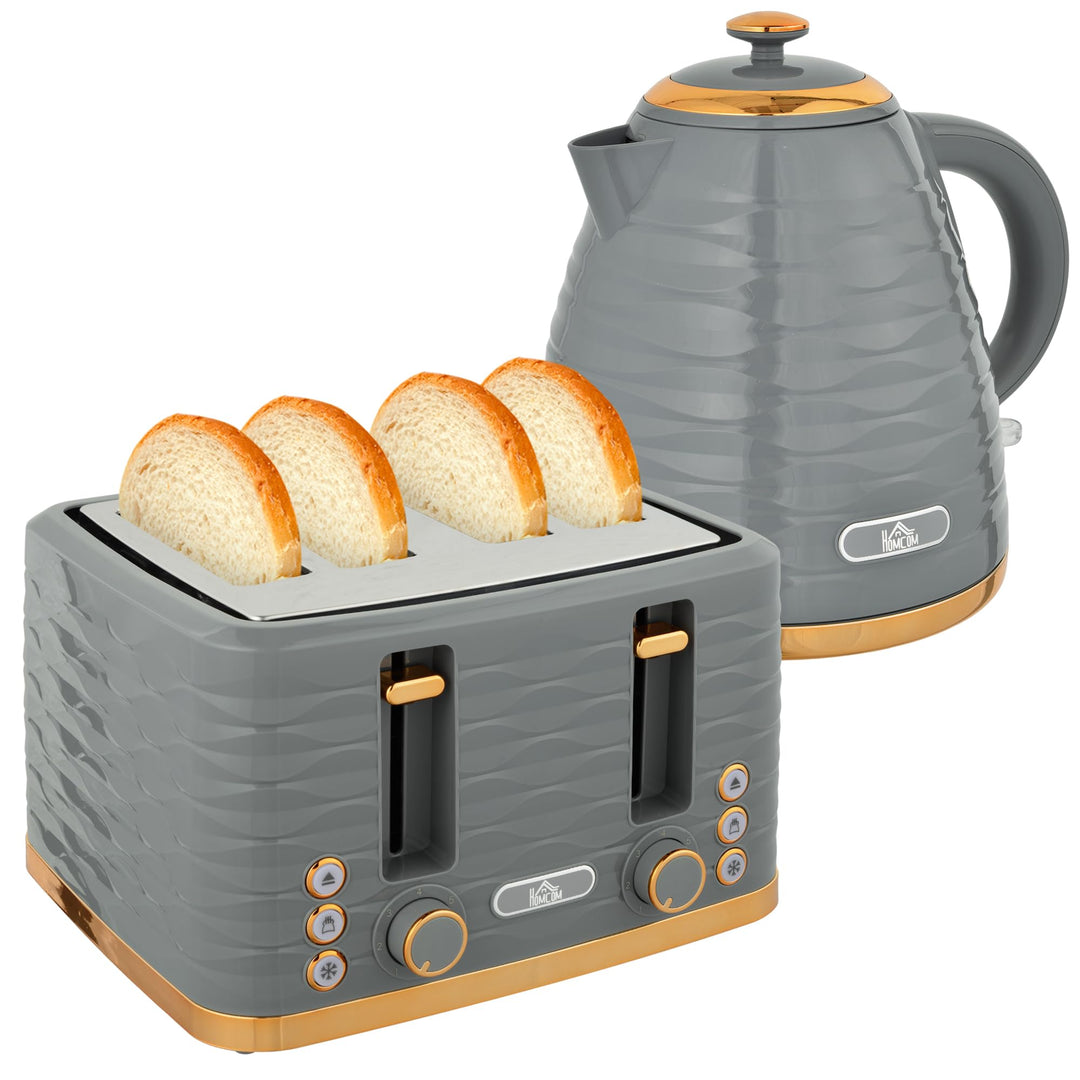 HOMCOM Wasserkocher Toaster Set Frühstück-Set mit 1,7L Wasserkocher, 4 Scheiben Toaster, 2200 W, 7 B