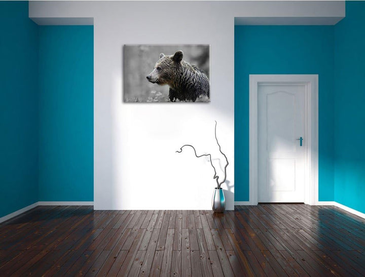einsamer Bär im Wald schwarz/weiss Format: 100x70 auf Leinwand, XXL riesige Bilder fertig gerahmt mi