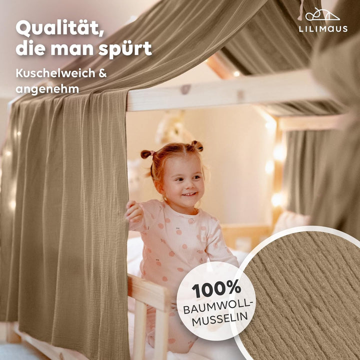 lilimaus Hausbett Himmel - 100% Baumwolle Betthimmel aus Musselin - Hausbett Deko - Geschenk Mädchen
