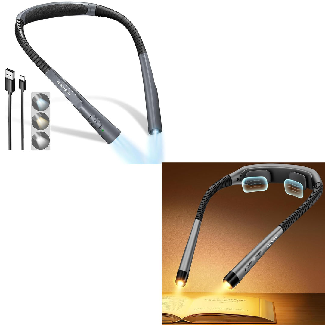 Glocusent Verbesserte Leselampe Hals, Ergonomische Nackenlampe mit 30-Min Timer, 3 Farben & 3 Hellig