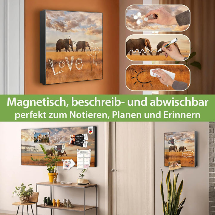 banjado® Grosser Schlüsselkasten Glas/Schlüsselbox 30cm x 30cm mit 50 Haken - Motiv Elefanten/Schlüs