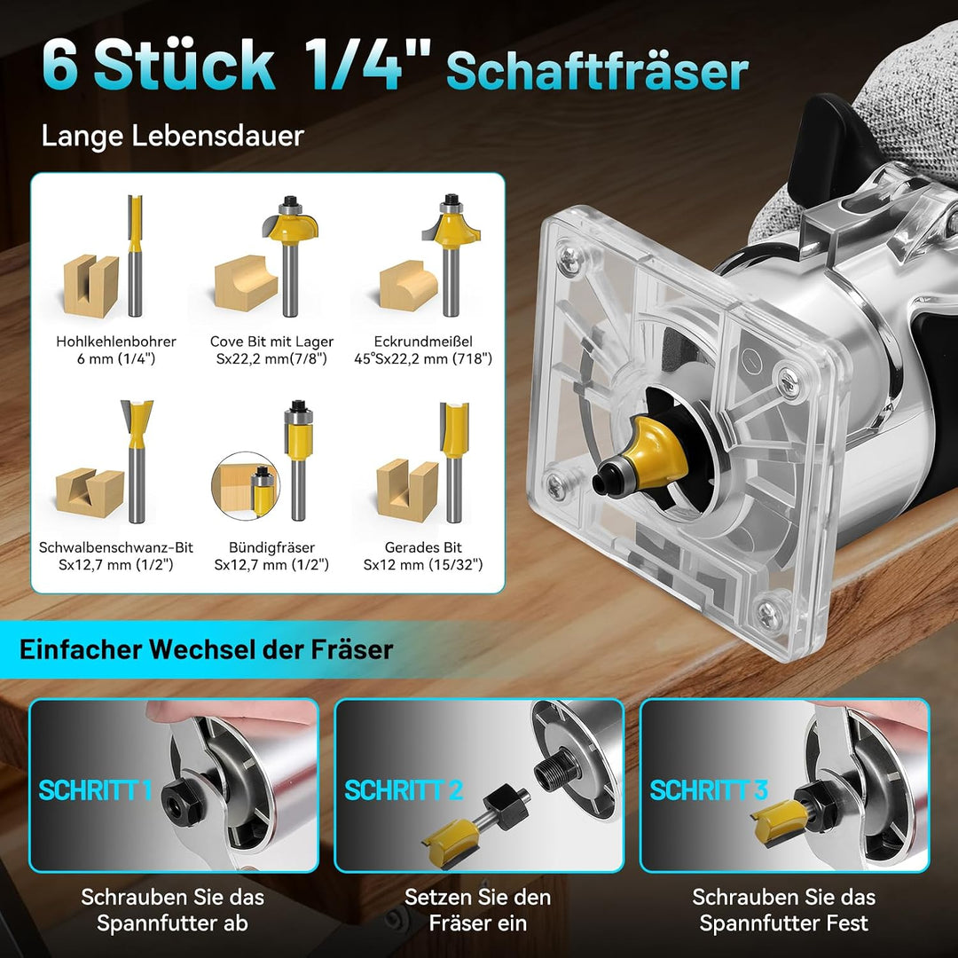 Oberfräse Kantenfräse 800W, 30000 U/min Einhand Holz Oberfräse Einhandfräse, Drehzahlregelung, Alumi