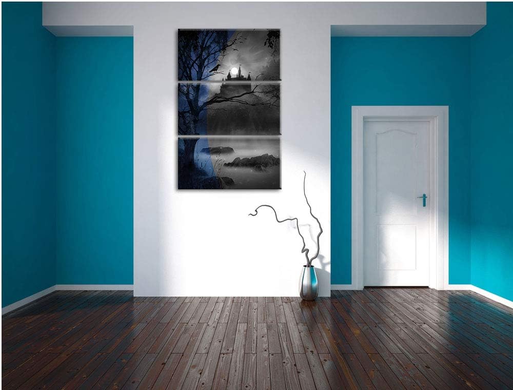 Düsterer Wald mit Burg bei Nacht schwarz/weiss 3-Teiler Leinwandbild 120x80 Bild auf Leinwand, XXL r
