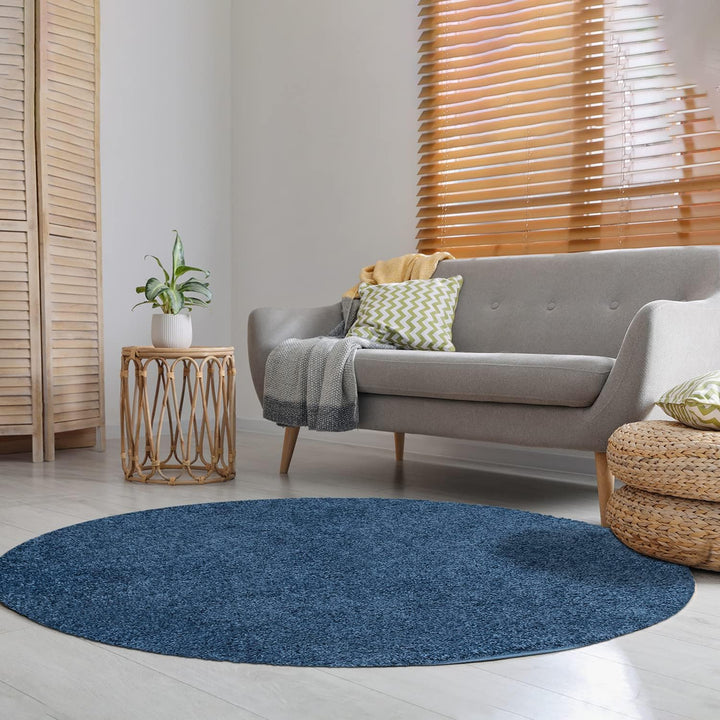 payé Teppich Rund Hochflor Shaggy - 200x200cm - Blau Einfarbig Uni Flauschig Modern Boho Wohnzimmer