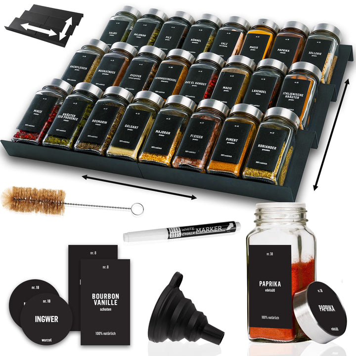 Deco haus® Gewürzregal Schublade aus Metall [MIT 24 GEWÜRZGLÄSER & ETIKETTEN] - Gewürzeinsatz Schubl