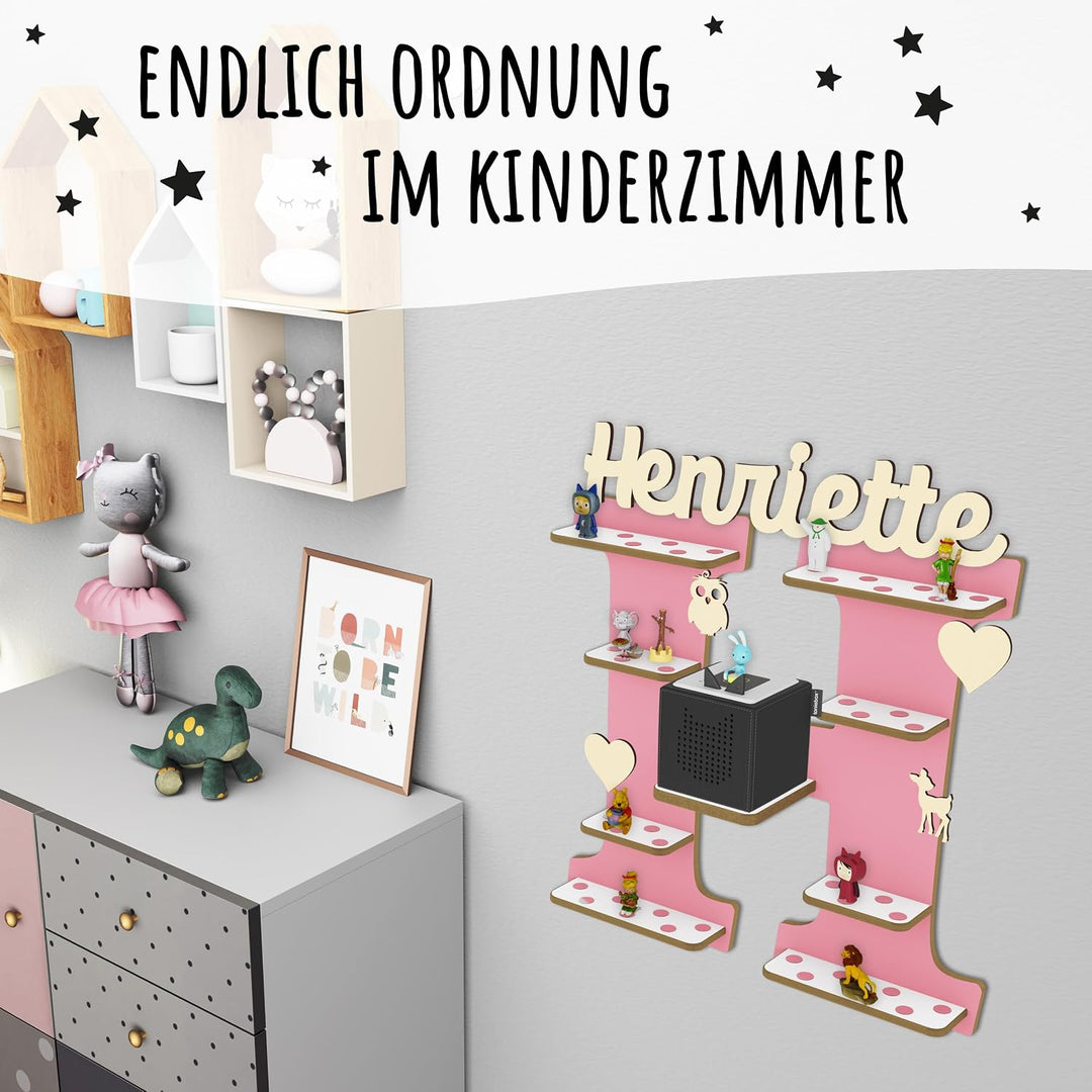 Regal Buchstabe für Toniebox, Wandregal für Tonie Figuren, personalisiert mit Name, Aufbewahrung für