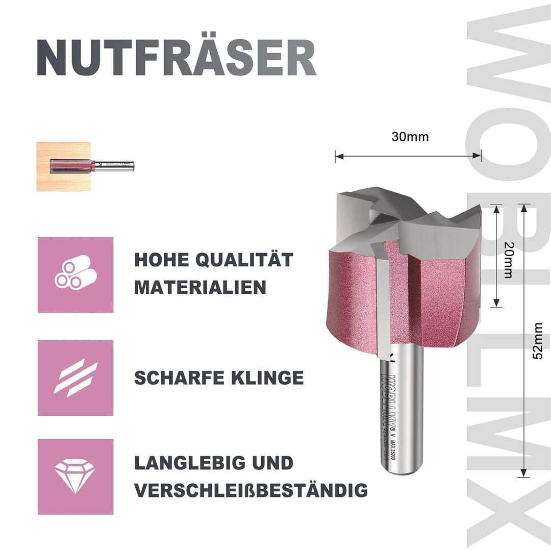 3 Klingen Nutfräser 8mm Schaft,Ø30mm Arbeitslänge 20mm Professional Hartmetall Bestückt Nutfräser St