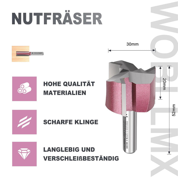 3 Klingen Nutfräser 8mm Schaft,Ø30mm Arbeitslänge 20mm Professional Hartmetall Bestückt Nutfräser St