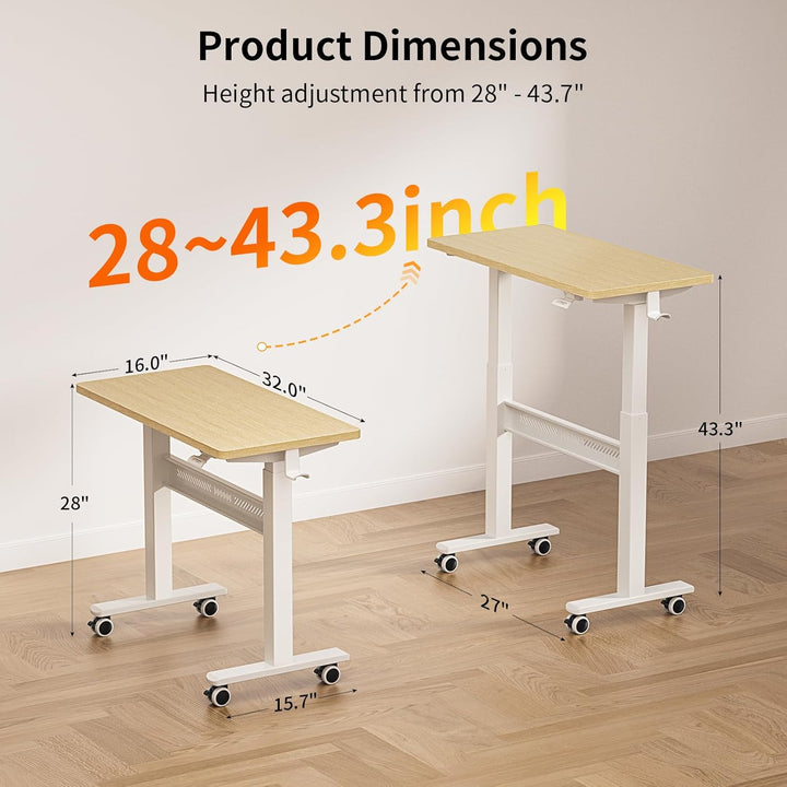 Höhenverstellbarer Schreibtisch mit Rollen, 80 x 40 cm Pneumatisch Computertisch Laptoptisch, Mobile
