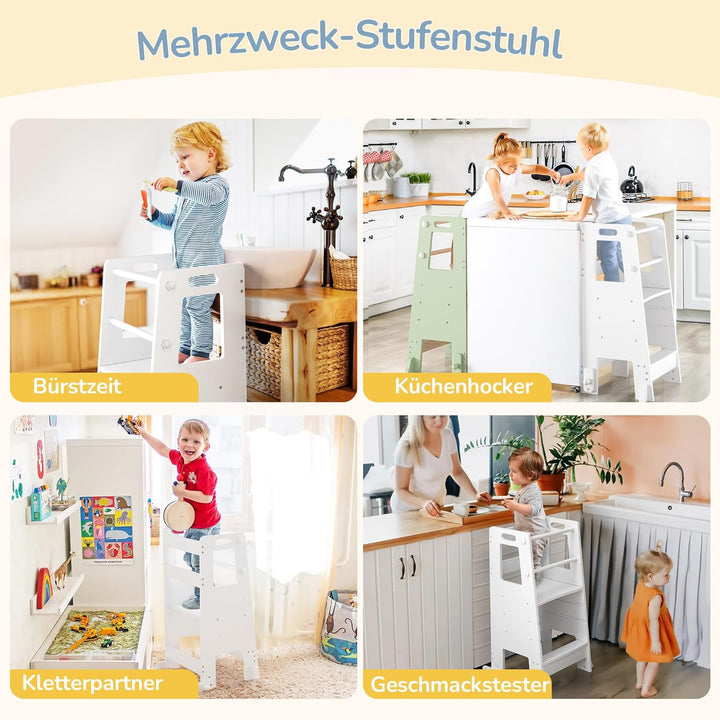 LUE BONA Lernturm für ab 1 Jahr,Kinderküchen Tritthocker mit Sicherheitsschienen,höhenverstellbarer