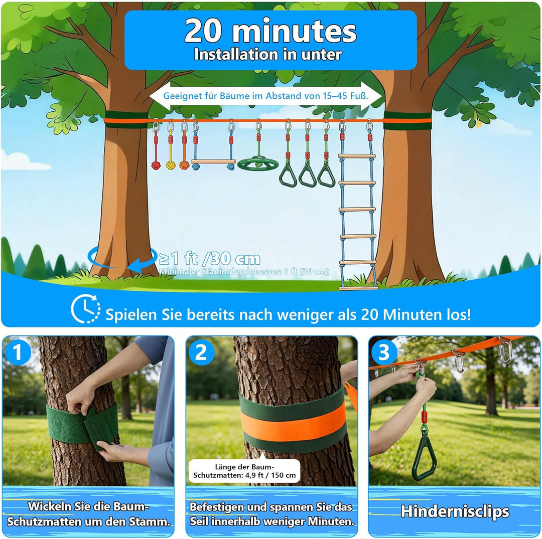 Ninja Warrior Slackline Set für Kinder, Ninja Line Kinder, Slackline 15M Hindernisse Set, Turnringe