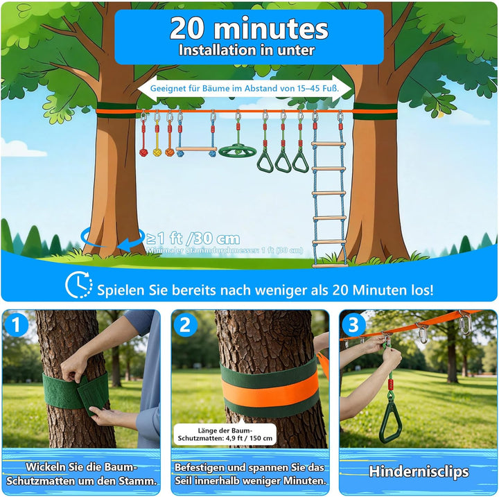 Ninja Warrior Slackline Set für Kinder, Ninja Line Kinder, Slackline 15M Hindernisse Set, Turnringe