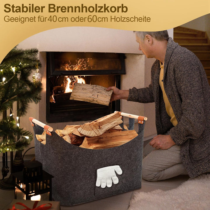 FINEW Holzkorb für Kaminholz 2 Stück, 96L Kaminholzkorb mit Handschuhen 60 x 40 x 40CM, Grosse Filzk