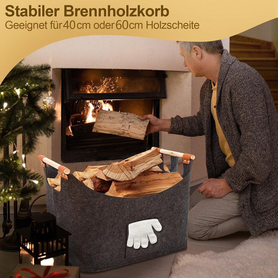 FINEW Holzkorb für Kaminholz 96L, Kaminholzkorb mit Handschuhen 60 x 40 x 40CM, Grosse Filzkorb Feue