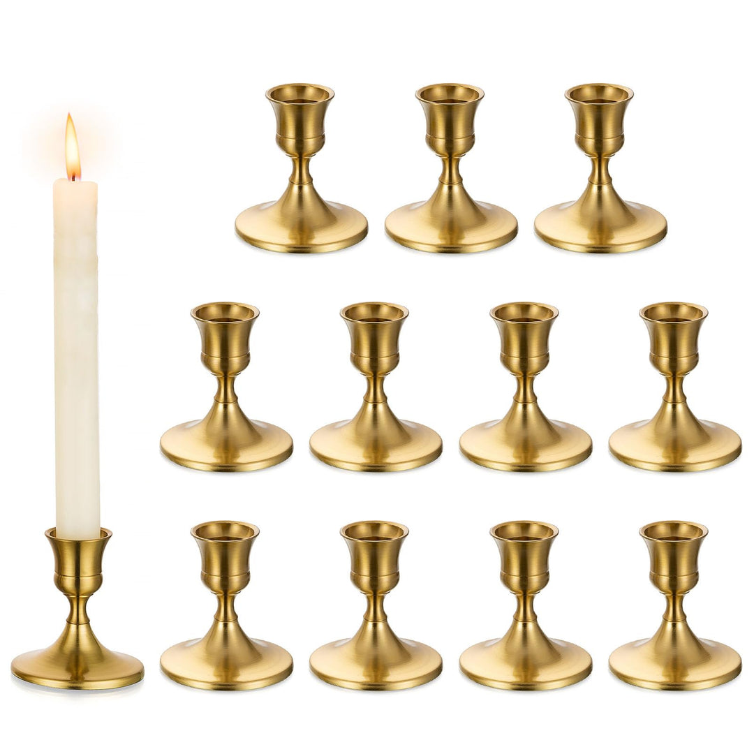 Romadedi Kerzenständer Gold Stabkerzen Tischdeko - 12er Set Klein Kerzenhalter Stabkerze Metall Vint