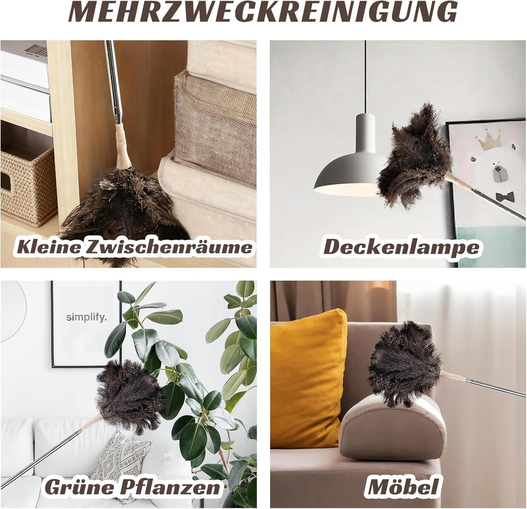 DULCE DOM Straussenfeder Staubwedel mit Teleskopstiel 125cm, Waschbar für Decken Lampen Möbel, Kratz