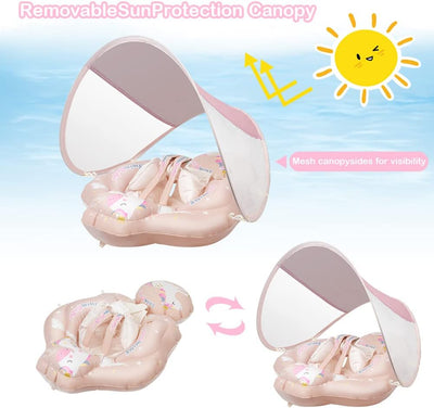 Vicloon Baby Schwimmring,Baby Float mit abnehmbarem Sonnendach,Niedliches rosa Pferdemuster Baby Sch