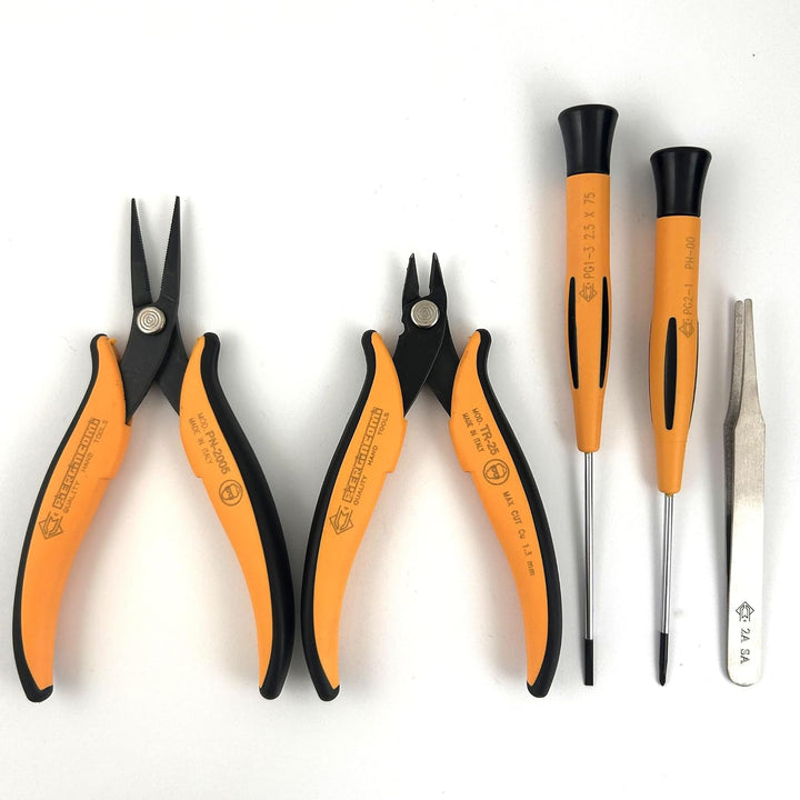 PIERGIACOMI Set of 5 pieces, 1 tweezers straight flat, 1 soft wire cutter flush cut, 1 long pointed