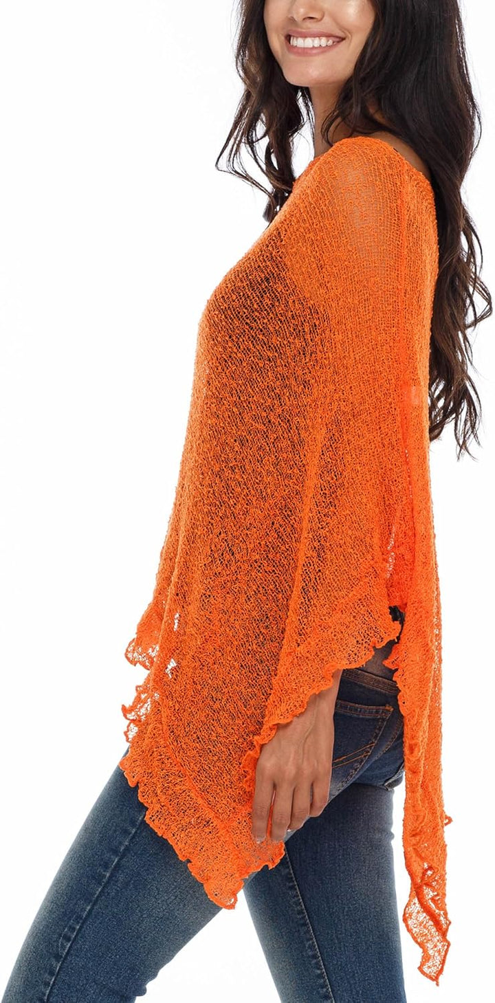 SHU-SHI - Damen Poncho-Top mit Rüschen - transparent - leichtes Strickmaterial Leuchtendes Orange, L
