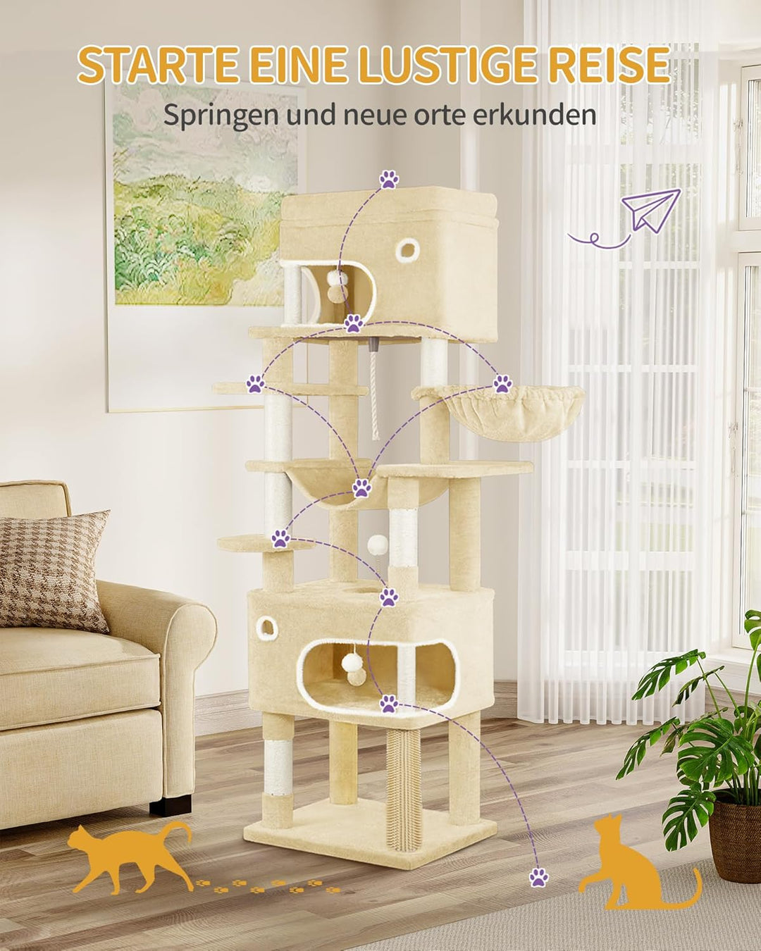 Hzuaneri Kratzbaum, 178 cm Katzenbaum mit grosser Plattform, 2 Höhlen, 7 Kratzsäulen, Pompons, Liege