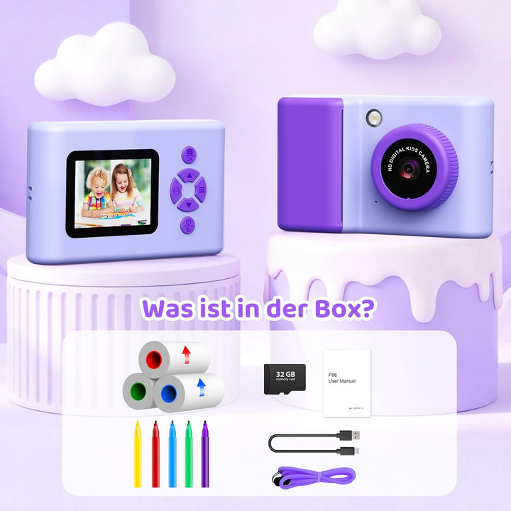 Sofortbildkamera Kinder, 20MP 1080P HD Tragbare Digitalkamera mit 2,4-Zoll-Display, 3 Rollen Farbfot