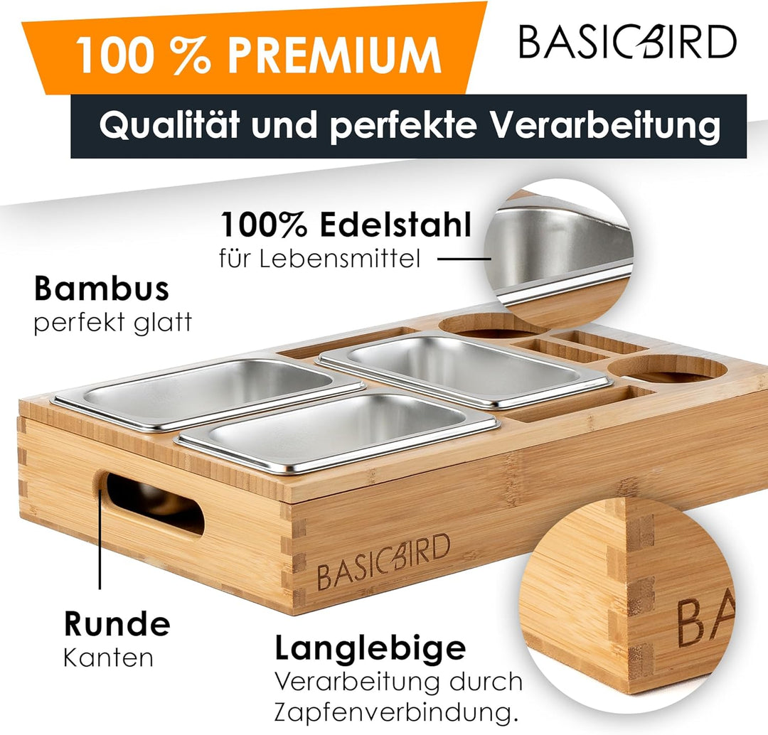 BASICBIRD® Couchbar Snackbox - Organizer Tablett- Snackspender mit 3X Snackschale - Holz Sofatablett