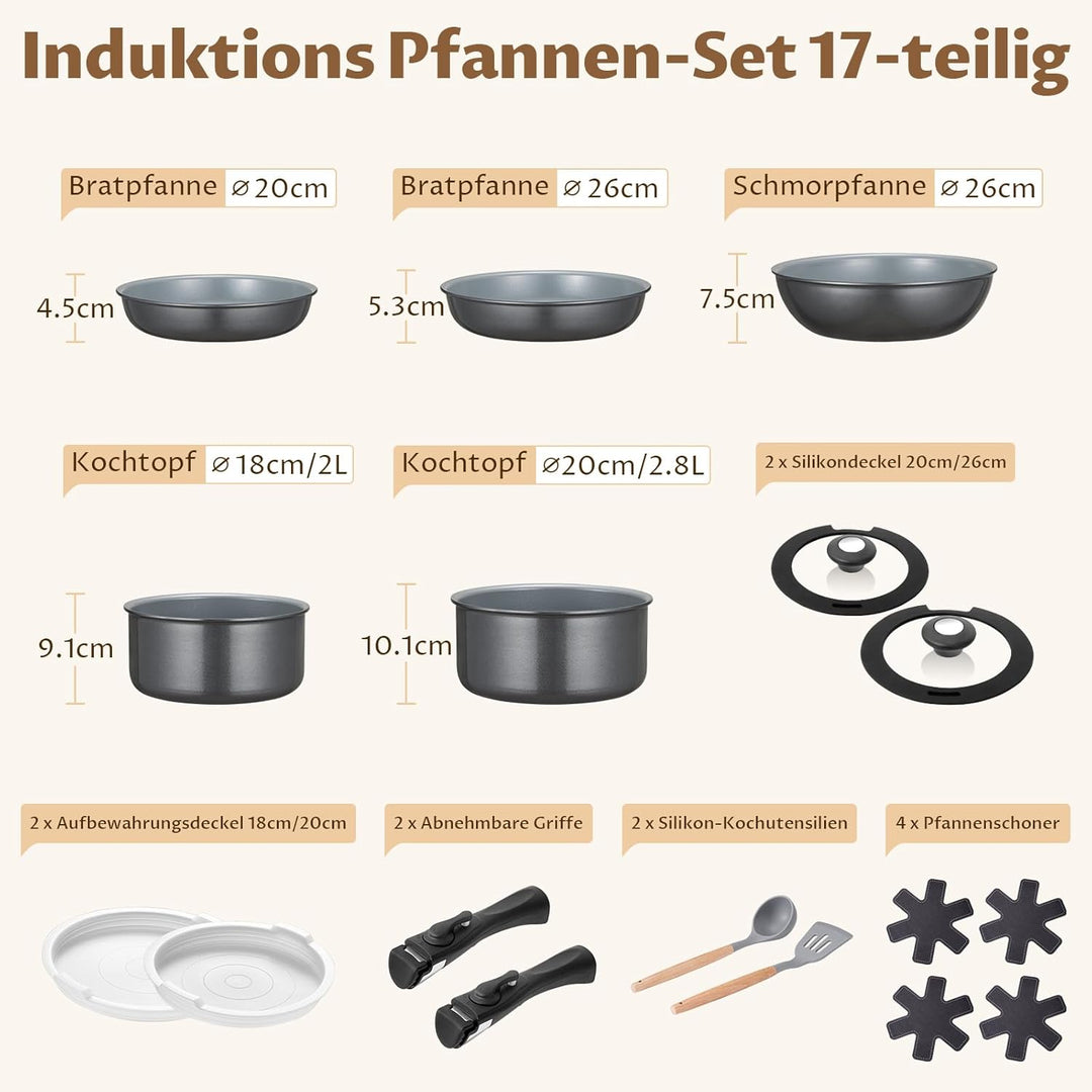 BEZIA Induktions Töpfe Set 17-Tlg, Keramik Pfannenset mit abnehmbarer Griff, Camping Kochtopf Set fü