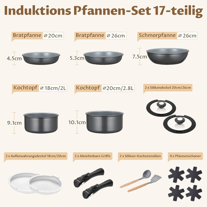 BEZIA Induktions Töpfe Set 17-Tlg, Keramik Pfannenset mit abnehmbarer Griff, Camping Kochtopf Set fü