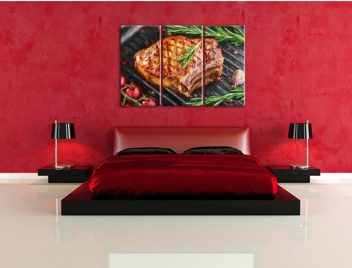 Pixxprint Steak mit Rosmarien garniert als Leinwandbild/Grösse: 3 Teilig (120x80) cm/Wandbild/Kunstd