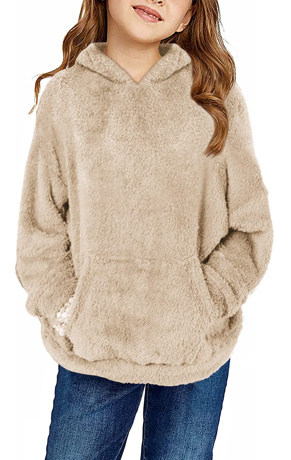Runcati Pullover Mädchen Kapuzenpullover Fuzzy Teddy Fleece Sweatshirts mit Kapuze Taschen Freizeit