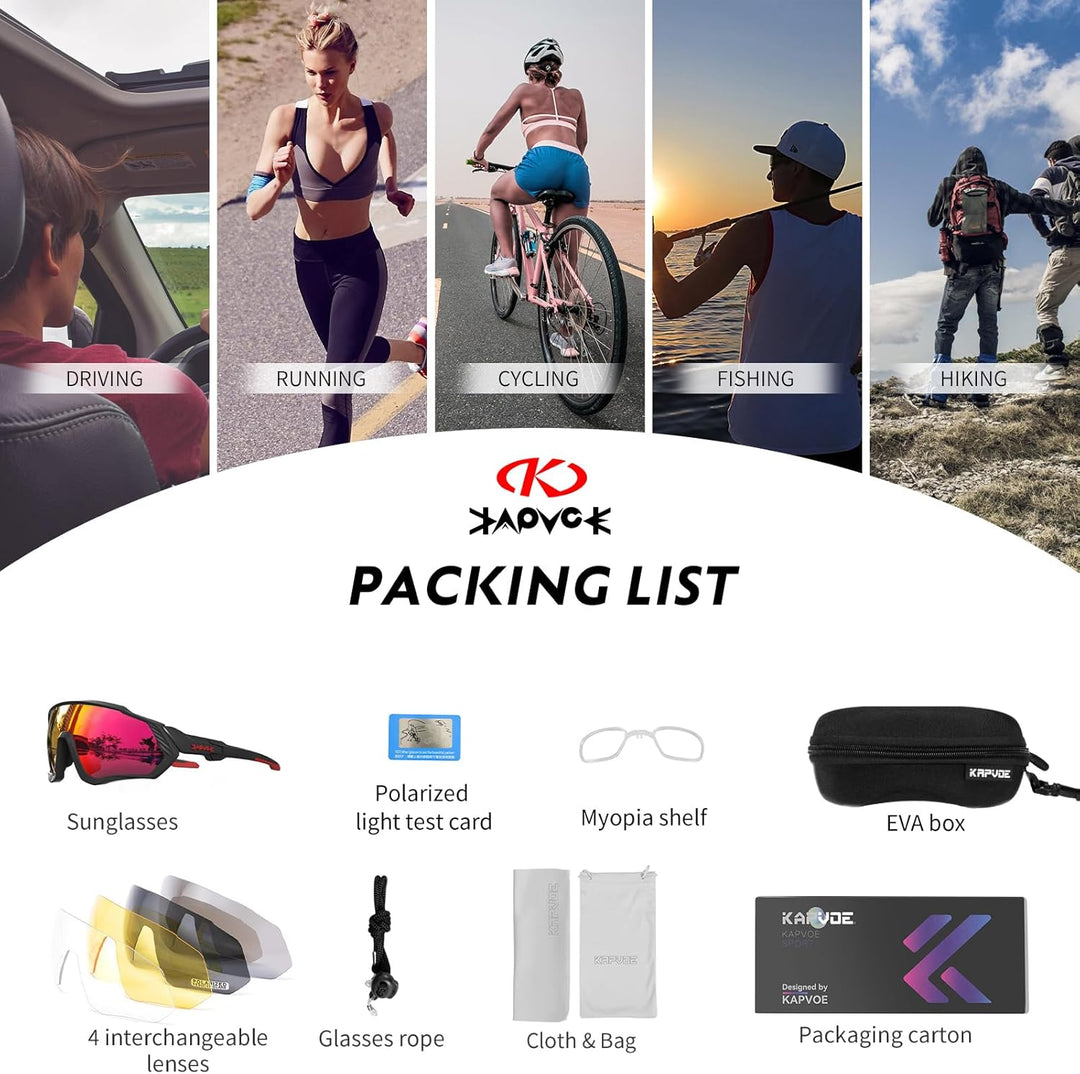 KAPVOE Polarisiert Fahrradbrille mit 1 Linse oder 5 austauschbare Linse TR90 Rahmen für Herren Damen