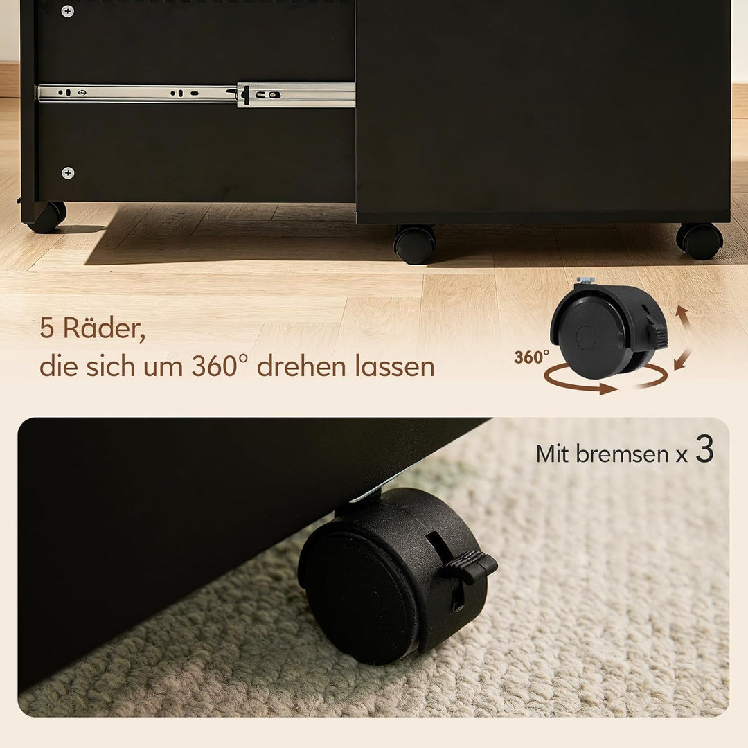 TUKAILAI Rollcontainer abschliessbar mit 3 Schubladen Mobiler Aktenschrank Holz auf Rollen und Haken