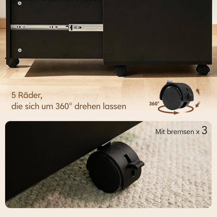 TUKAILAI Rollcontainer abschliessbar mit 3 Schubladen Mobiler Aktenschrank Holz auf Rollen und Haken