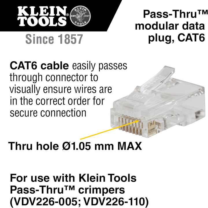 Klein Tools VDV826-703 Modularer Daten-Stecker, RJ45, CAT6, Durchgangsverbinder, 50 Stück, Farblos,