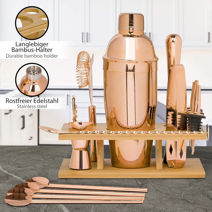 ONVAYA® Cocktail Set in Rosé-Gold | Cocktail Geschenkset mit Bambus-Halter | Cocktail Shaker Set | p