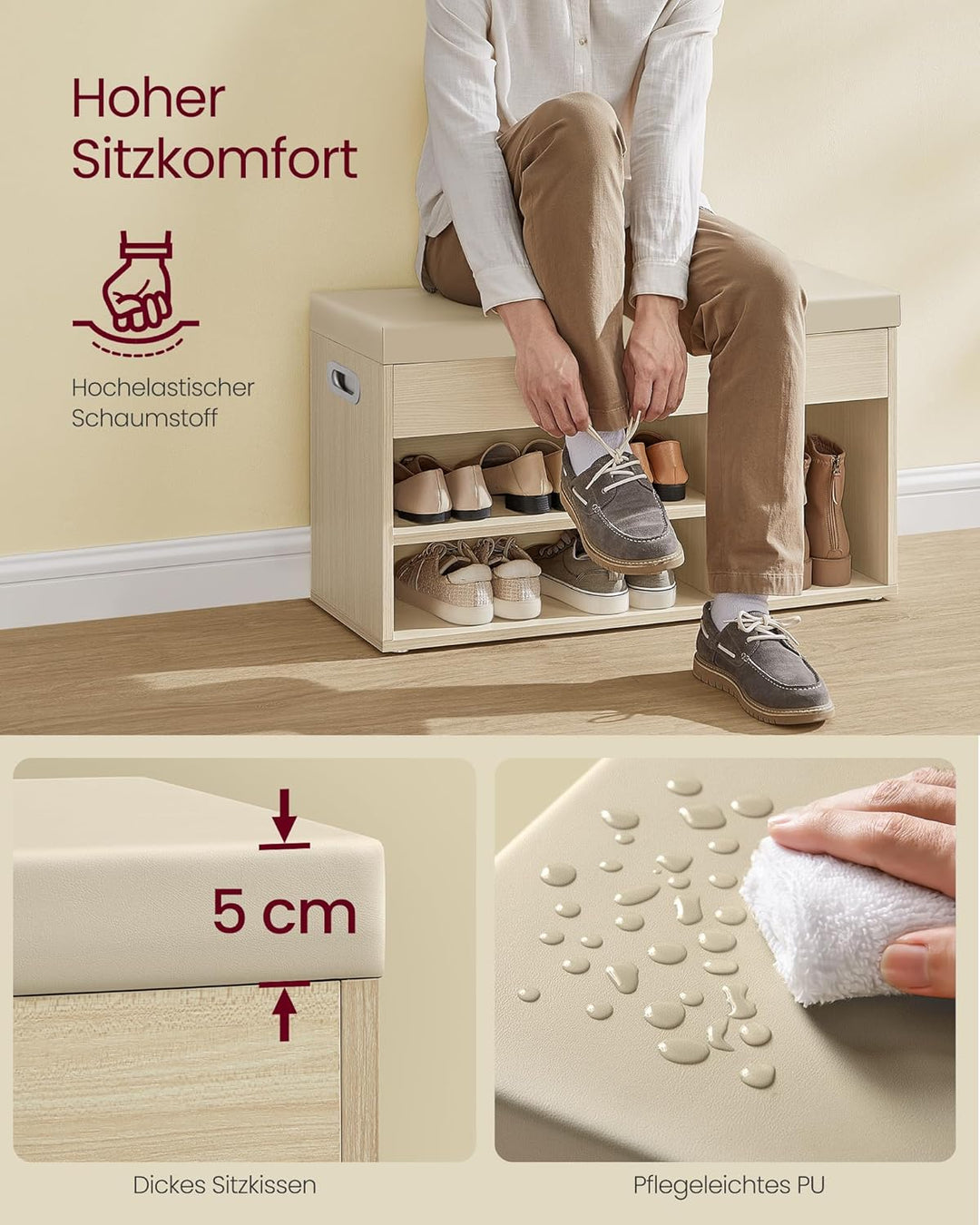 VASAGLE Schuhbank mit Sitzfläche, Sitzbank mit Stauraum, gepolstert, Fach unter Sitzkissen, Schuhreg