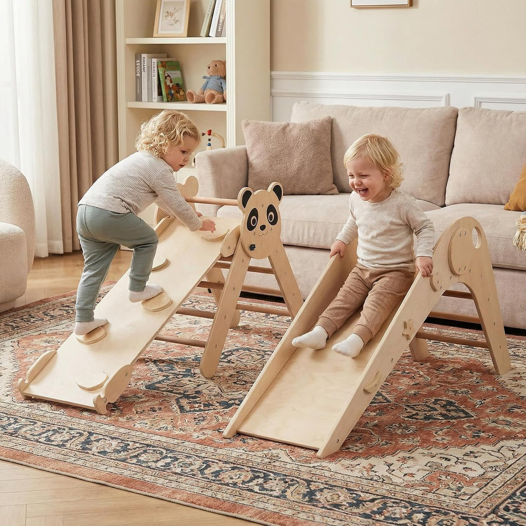 FANTASK Kletterdreiecke Indoor 3er Set, Klappbares Klettergerüst Holz mit Rutsche, Rampe & Kletterle