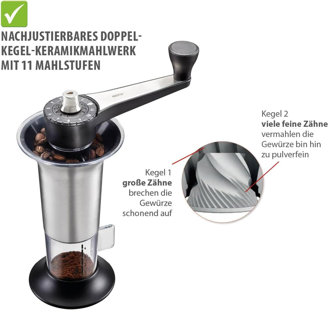 GEFU Kaffeemühle LORENZO | Manuelle Kaffeemühle mit Keramikmahlwerk, 11 Mahlstufen &amp; Aromadeckel | F
