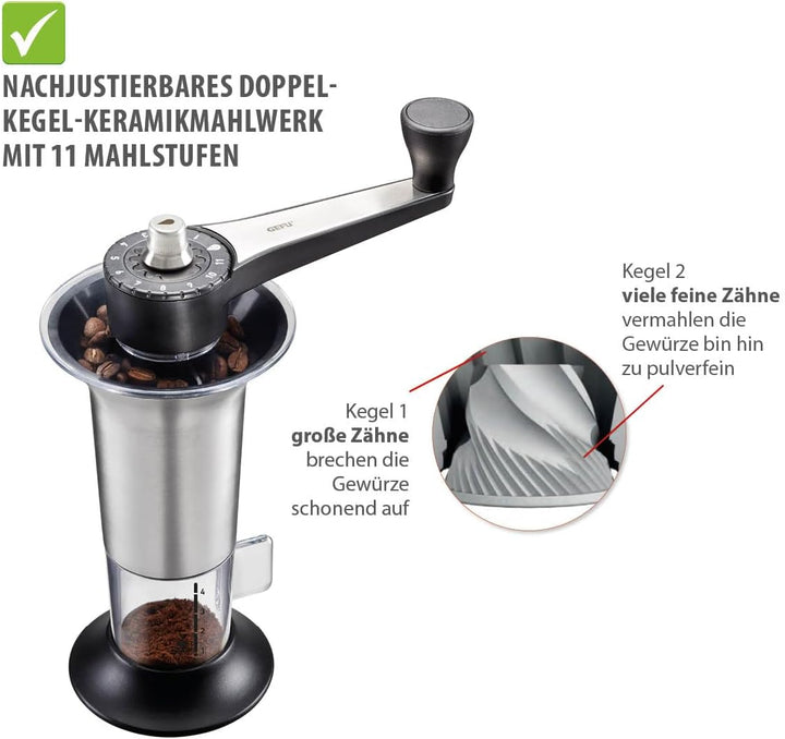 GEFU Kaffeemühle LORENZO | Manuelle Kaffeemühle mit Keramikmahlwerk, 11 Mahlstufen &amp; Aromadeckel | F