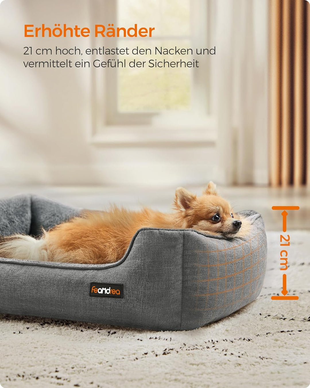 Feandrea Hundebett, Hundekissen in Leinenoptik, Hundekorb, erhöhte Ränder, rutschfeste Unterseite, B