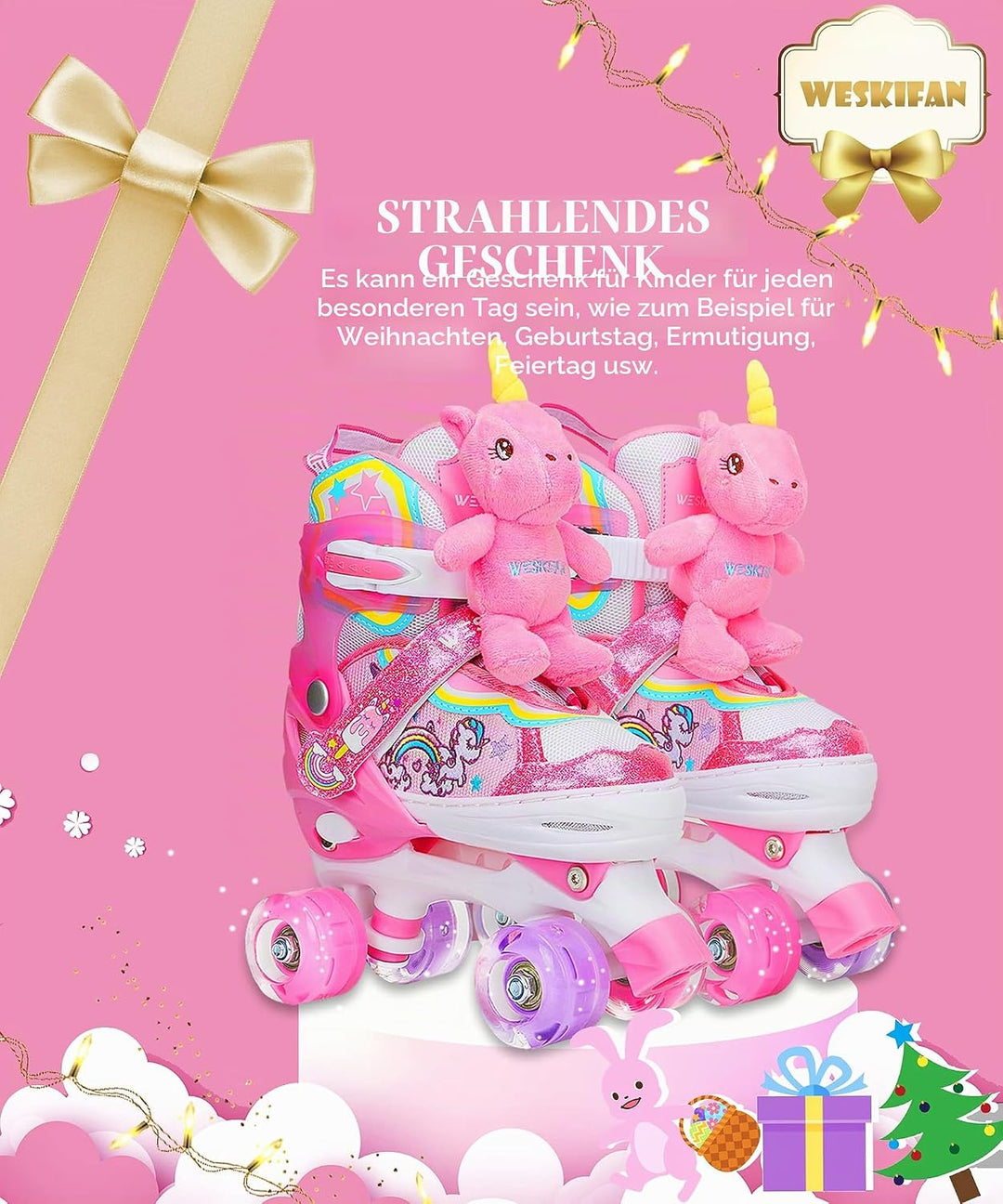 Kinder Einhorn-Puppe Rollschuhe für Mädchen 4 Grössen Verstellbar Mit Leuchtenden Rädern Quad Roller