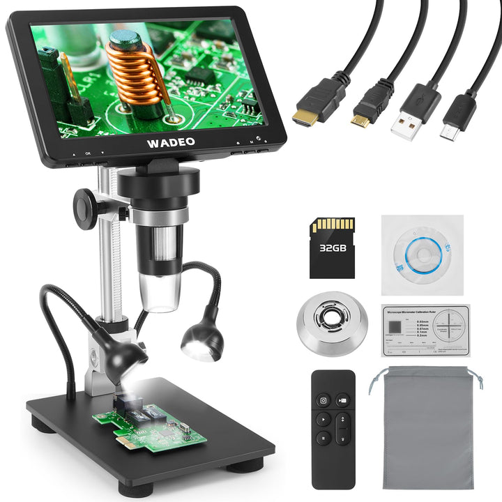 WADEO 7" LCD Digitalmikroskop 1200X, 1080P HDMI Videomikroskop mit Metallständer, LED Fülllichter, U