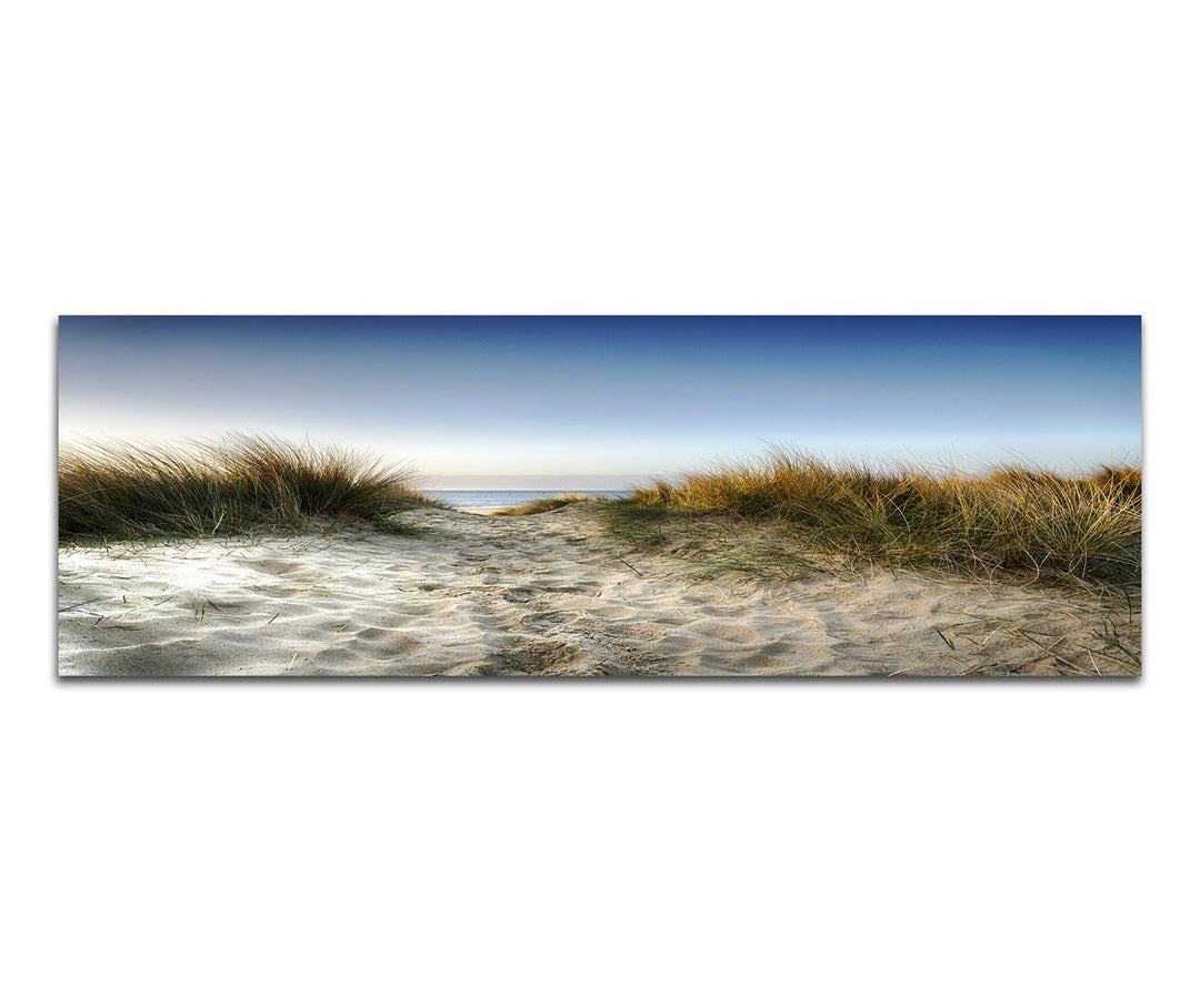 Paul Sinus Art Panoramabild auf Leinwand und Keilrahmen 150x50cm Sanddüne Gräser Meerblick Himmel