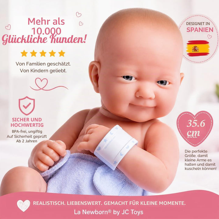 JC TOYS - La Newborn Neugeborene, 38 cm, weiches Vinyl, inkl. Kleidung und 8 Accessoires, Blau, entw