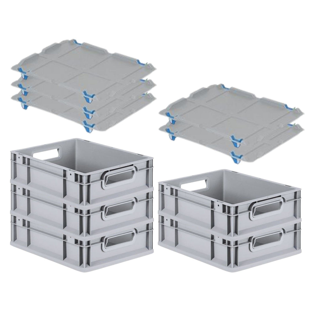 SuperSparSet 5x Eurobox NextGen Grip mit Auflagedeckel & 4 blauen Schiebeschnappverschlüssen, HxBxT