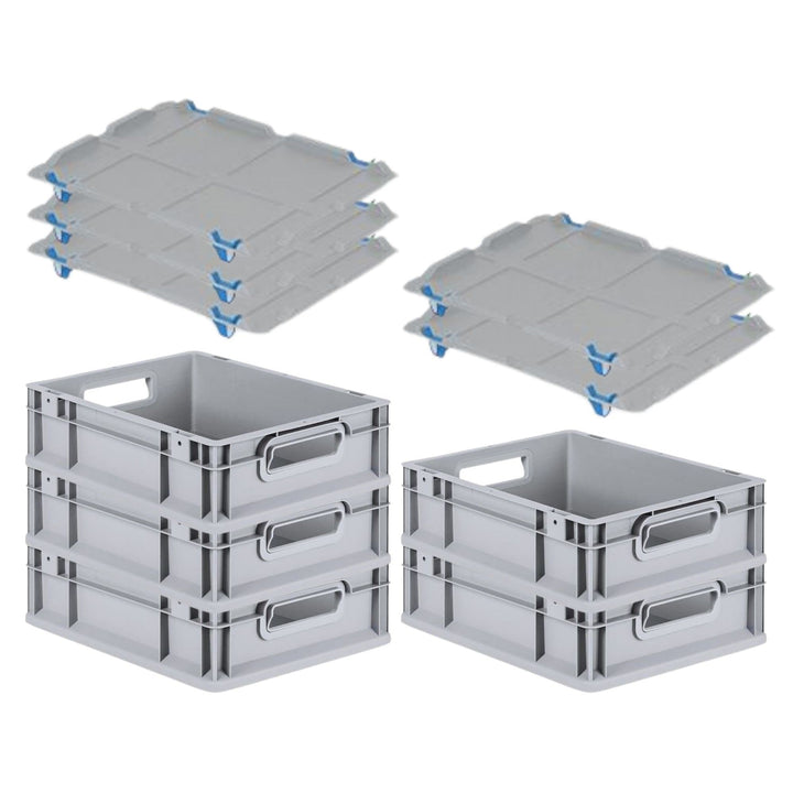 SuperSparSet 5x Eurobox NextGen Grip mit Auflagedeckel & 4 blauen Schiebeschnappverschlüssen, HxBxT